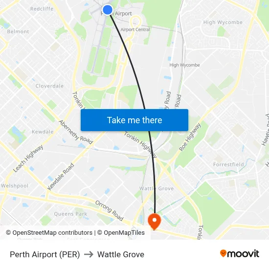 Perth Airport (PER) to Wattle Grove map