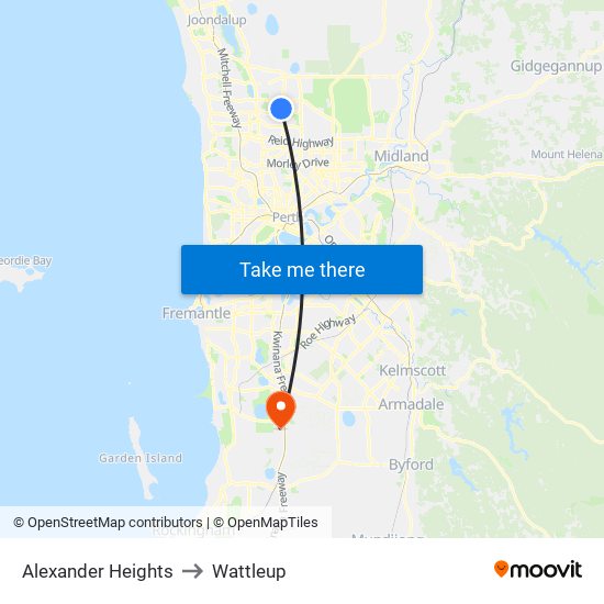 Alexander Heights to Wattleup map