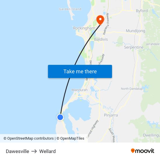 Dawesville to Wellard map