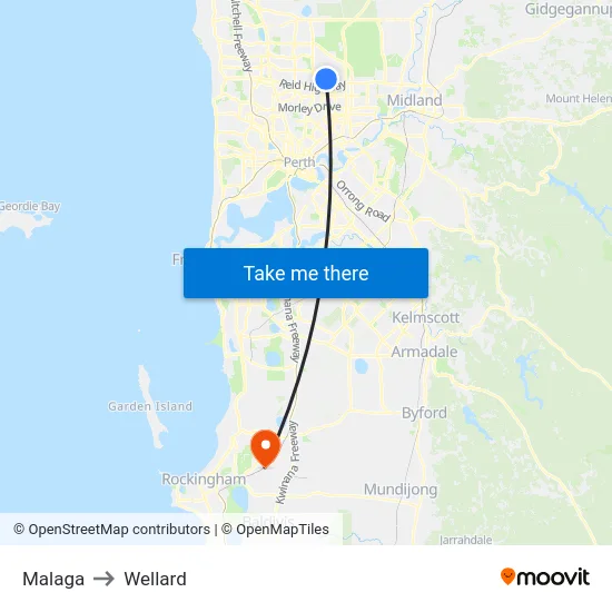 Malaga to Wellard map