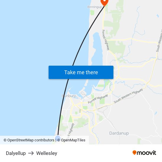 Dalyellup to Wellesley map