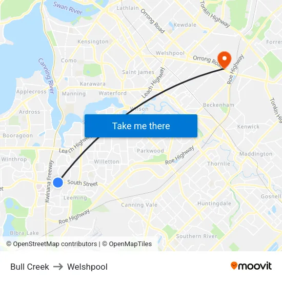 Bull Creek to Welshpool map