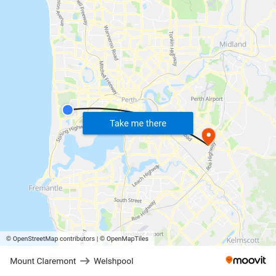 Mount Claremont to Welshpool map