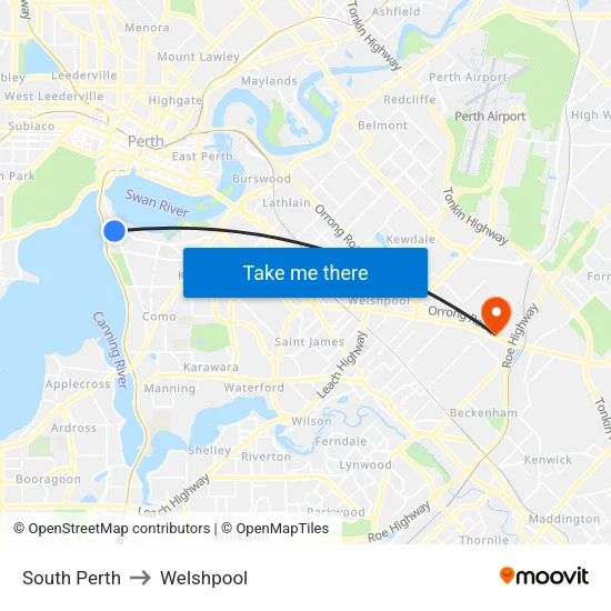 South Perth to Welshpool map