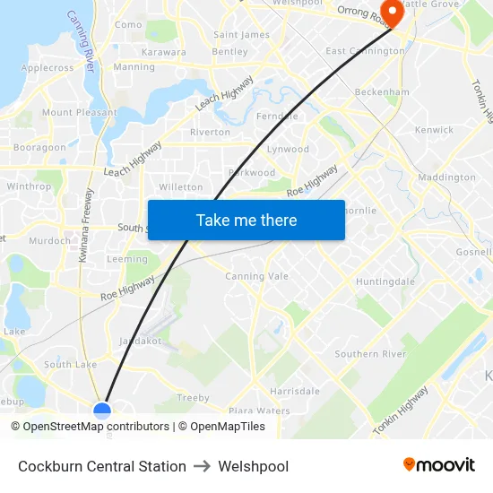 Cockburn Central Station to Welshpool map
