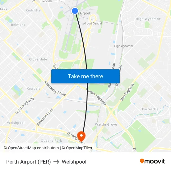 Perth Airport (PER) to Welshpool map