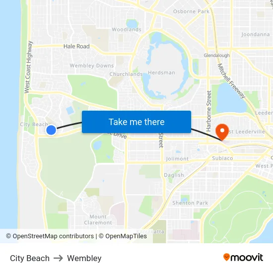 City Beach to Wembley map