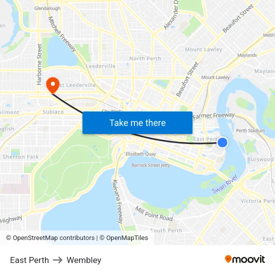 East Perth to Wembley map