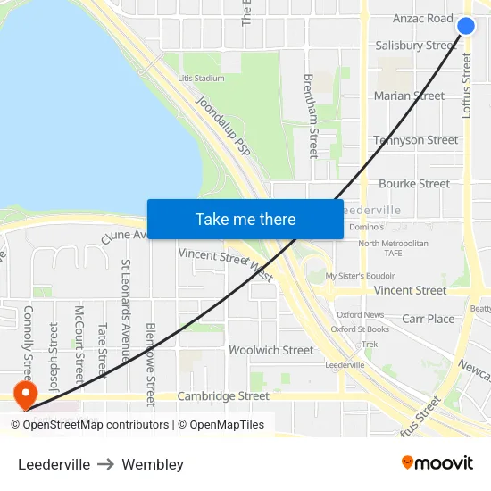 Leederville to Wembley map