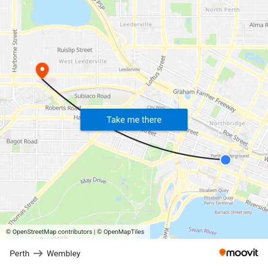 Perth to Wembley map