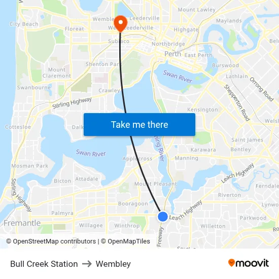 Bull Creek Station to Wembley map