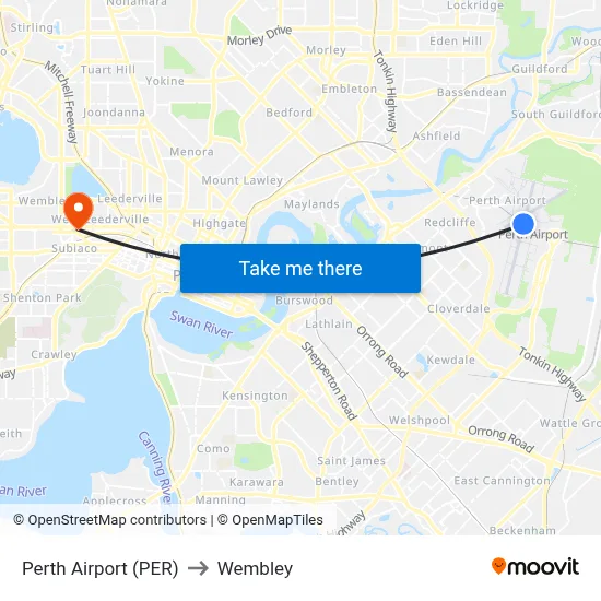 Perth Airport (PER) to Wembley map