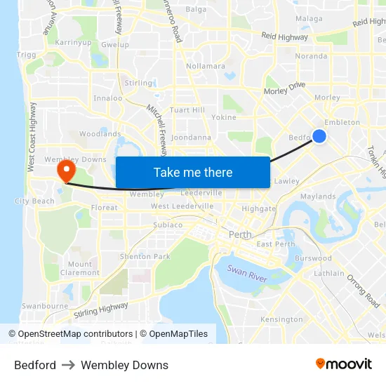 Bedford to Wembley Downs map