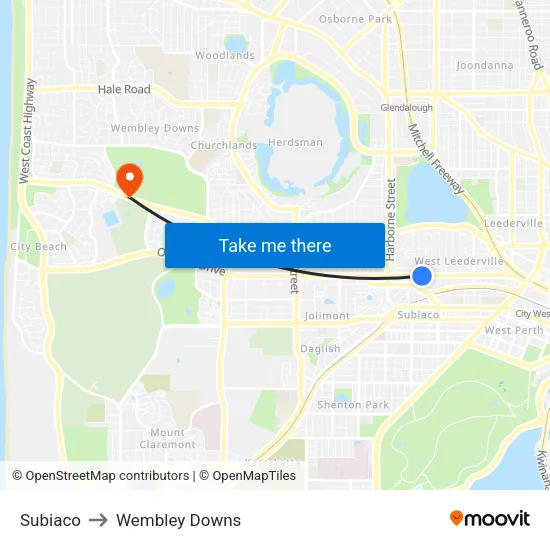 Subiaco to Wembley Downs map