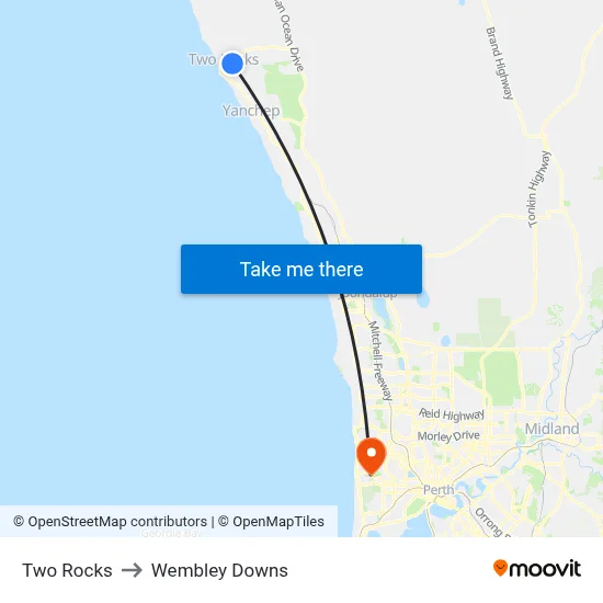 Two Rocks to Wembley Downs map