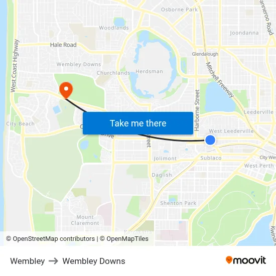 Wembley to Wembley Downs map