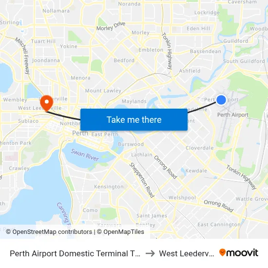 Perth Airport Domestic Terminal T3 T4 to West Leederville map