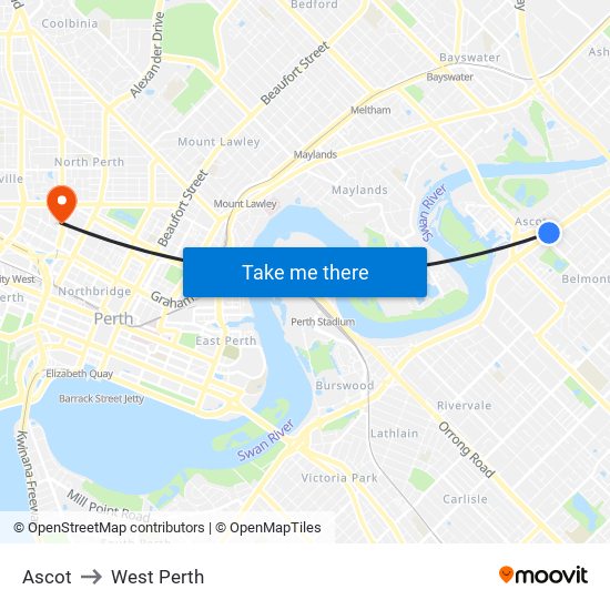 Ascot to West Perth map