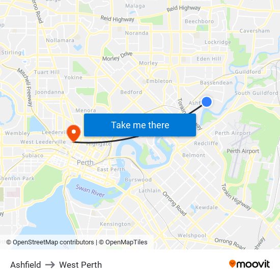 Ashfield to West Perth map