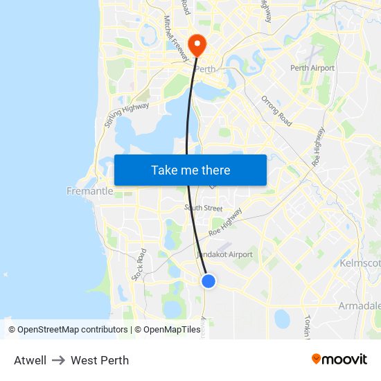 Atwell to West Perth map