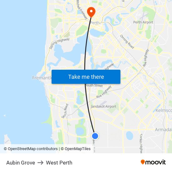 Aubin Grove to West Perth map