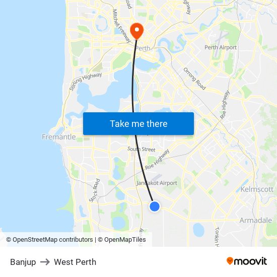 Banjup to West Perth map