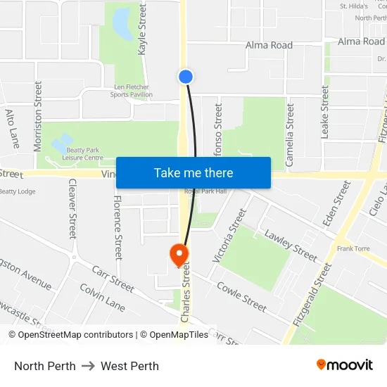 North Perth to West Perth map
