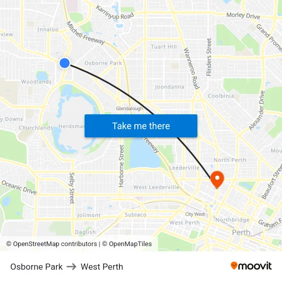 Osborne Park to West Perth map