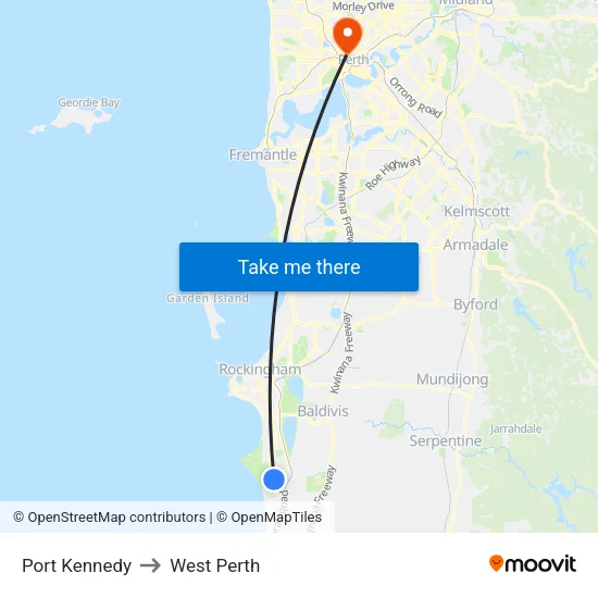 Port Kennedy to West Perth map