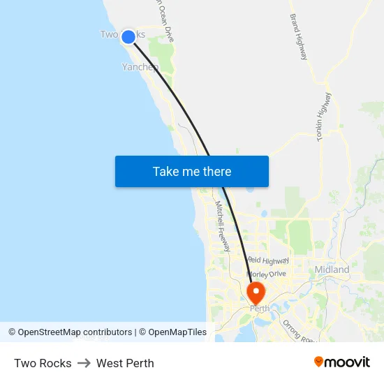Two Rocks to West Perth map