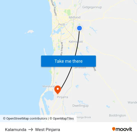 Kalamunda to West Pinjarra map