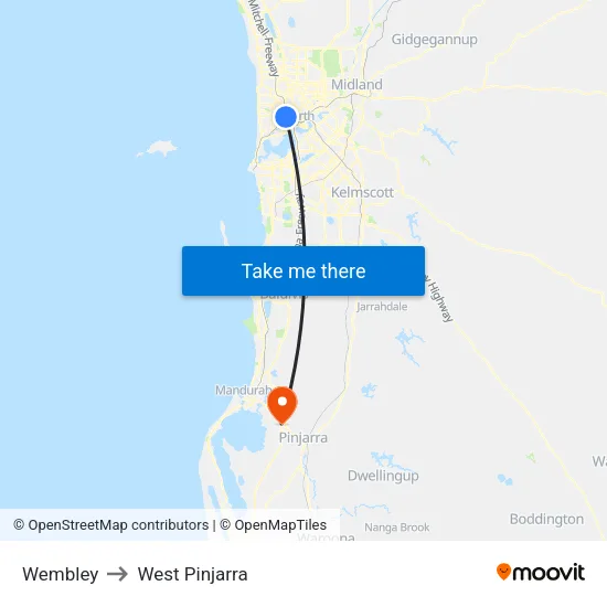 Wembley to West Pinjarra map