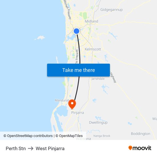 Perth Stn to West Pinjarra map