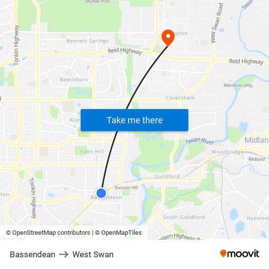 Bassendean to West Swan map