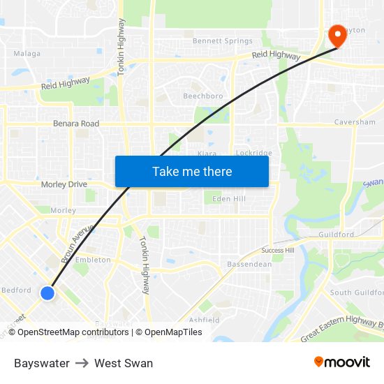 Bayswater to West Swan map