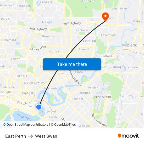 East Perth to West Swan map