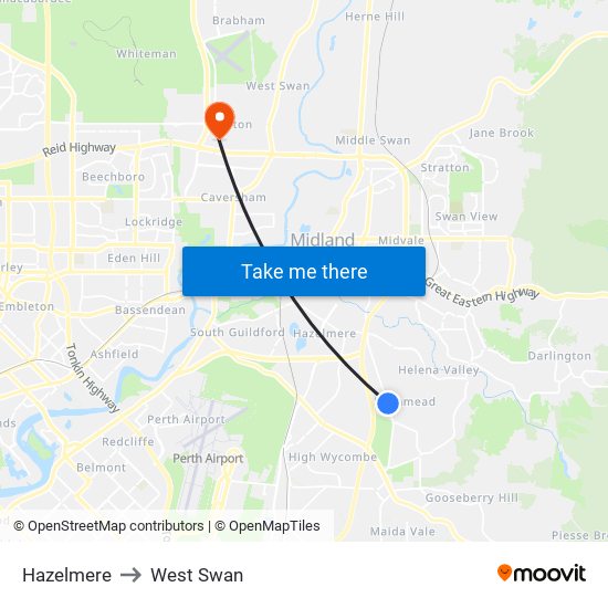 Hazelmere to West Swan map