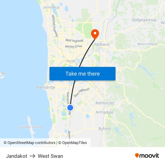 Jandakot to West Swan map