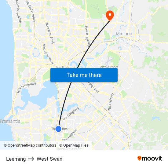 Leeming to West Swan map