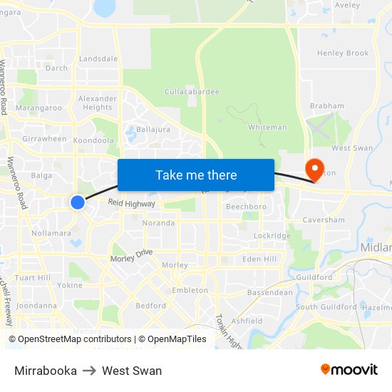 Mirrabooka to West Swan map