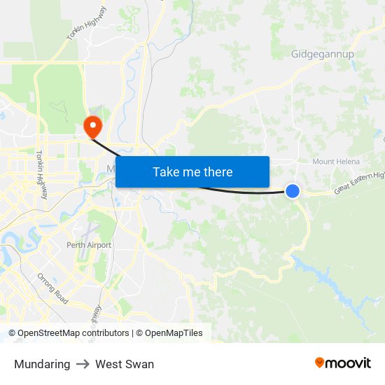 Mundaring to West Swan map