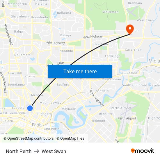 North Perth to West Swan map