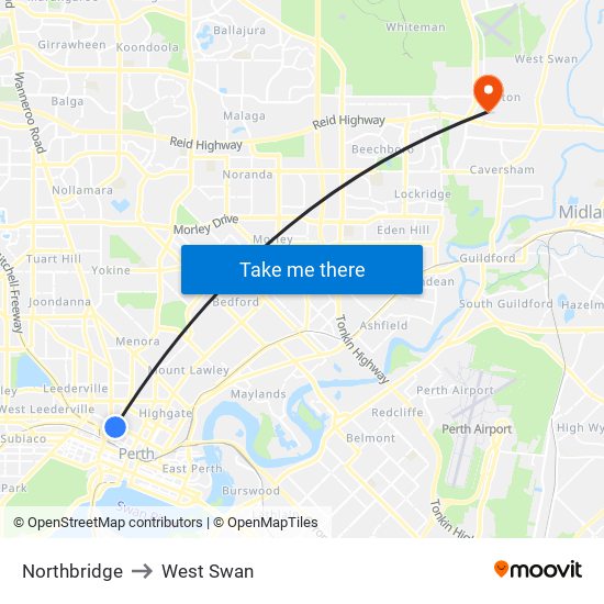 Northbridge to West Swan map
