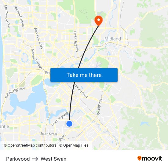 Parkwood to West Swan map