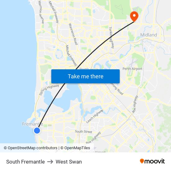 South Fremantle to West Swan map