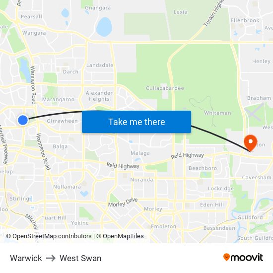Warwick to West Swan map