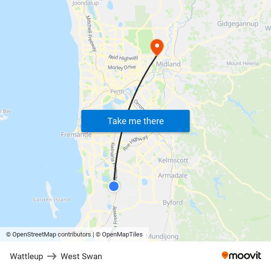 Wattleup to West Swan map