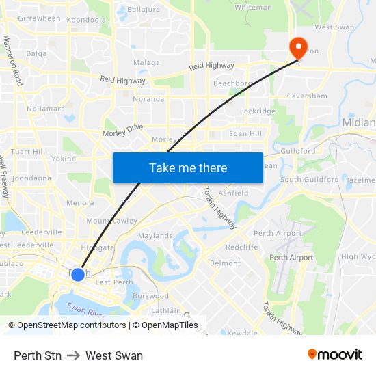 Perth Stn to West Swan map