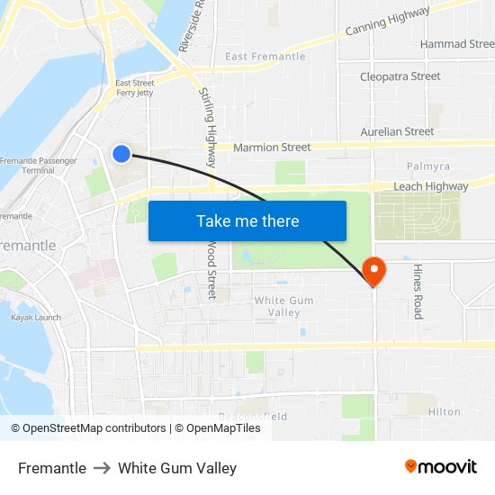 Fremantle to White Gum Valley map