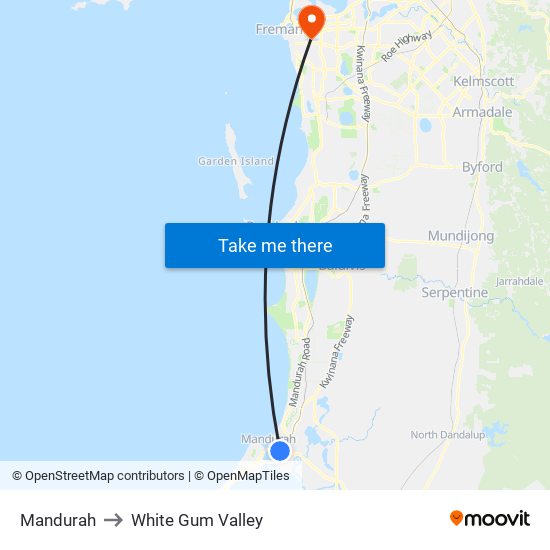 Mandurah to White Gum Valley map